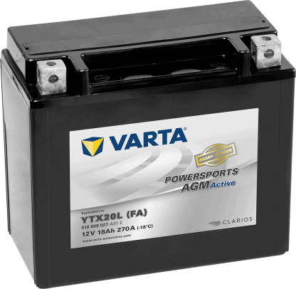 Een motoraccu van het merk Varta YTX20L-4 factory activated met 270A koudstart 12V