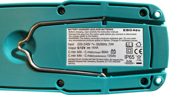 EBC4 Ecobat 12V 4A lader details Het specificatie label van de Ecobat EBC4 12V 4A acculader