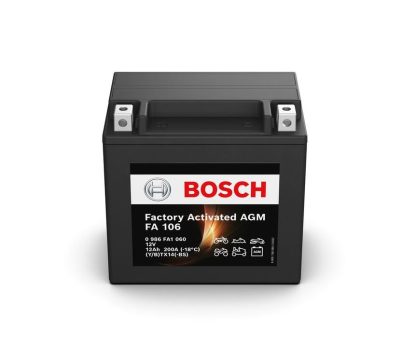 Een afbeelding van de voorkant van een Bosch FA 106 motorfiets accu van 12Ah, ook wel bekend onder het lange artikel nummer de 0 986 FA1 060 en inzetbaar voor de YTX14-4