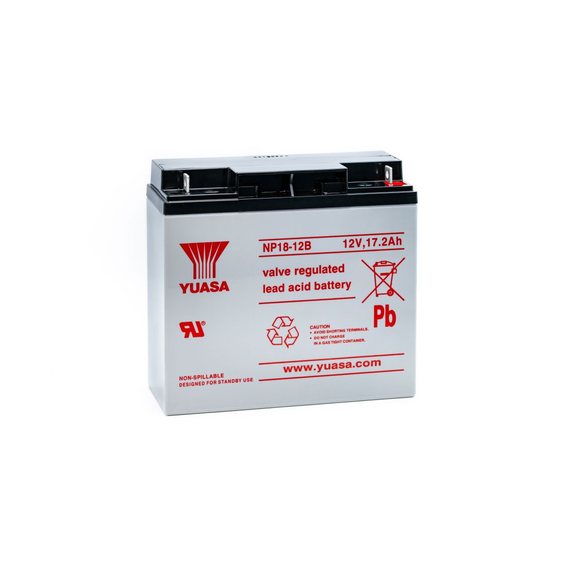 Yuasa NP18-12B - 12V 17.2Ah - VRLA accu bekeken vanaf link schuin voor