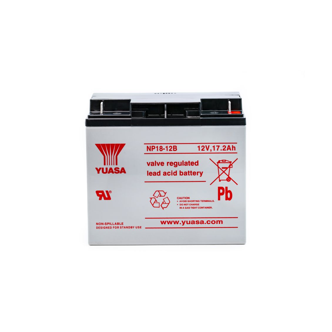 Yuasa NP18-12B - 12V 17.2Ah - VRLA accu bekeken vanaf de voorzijde
